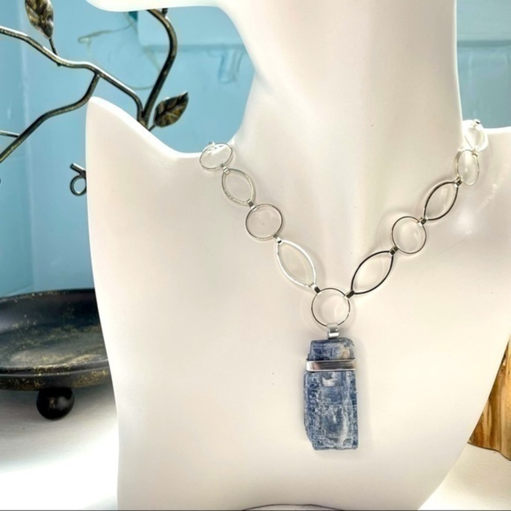 Wrapped Raw Blue Kyanite Statement Pendant Necklace 21.5” Boho Women’s Gift